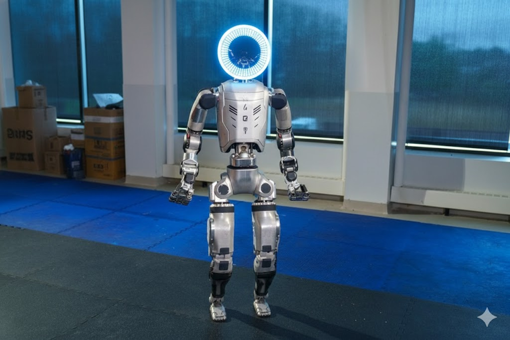 Modern-day Luddite movement at Hyundai Motor: A humanoid robot stands in a factory as a symbol of AI automation, representing the intense conflict with labor unions over job replacement.