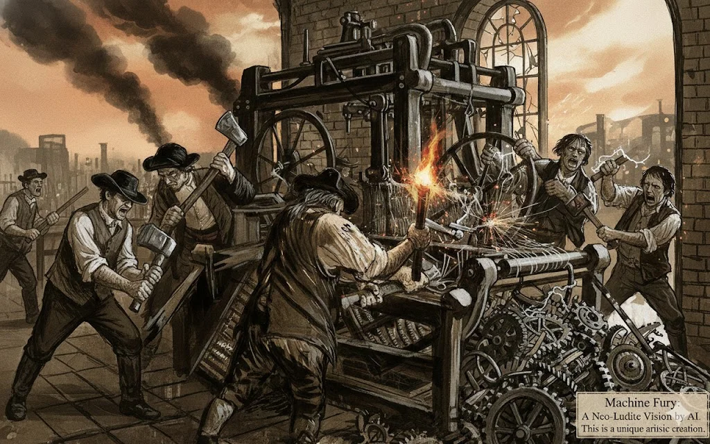 現代自動車における現代版ラッダイト運動：工場の中心に立つ人型ロボットがAI自動化を象徴し、職の代替を巡る労働組合との激しい対립を表現しています。